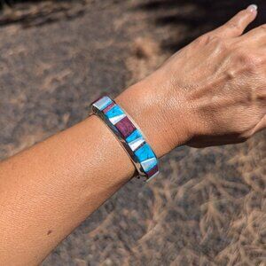 Native American Multi Stones Cuff‎ Bracelet Sterling Silver Signed Sz 6.5 in. **